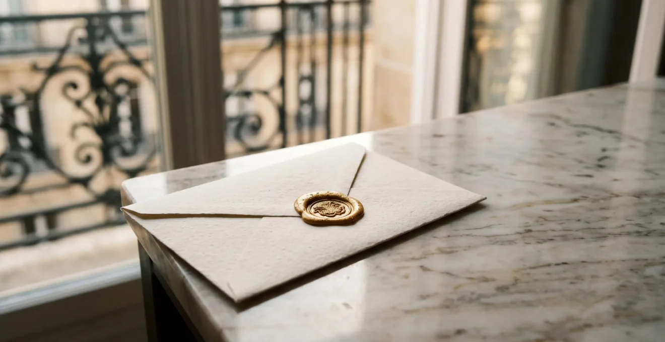 Enveloppe dorée scellée à la cire posée sur une table en marbre, symbolisant un accès exclusif et anticipé à une offre privée