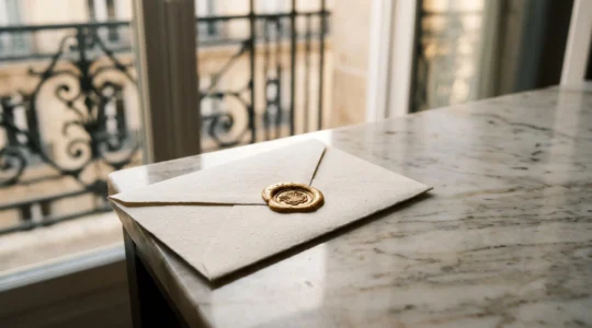 Enveloppe dorée scellée à la cire posée sur une table en marbre, symbolisant un accès exclusif et anticipé à une offre privée