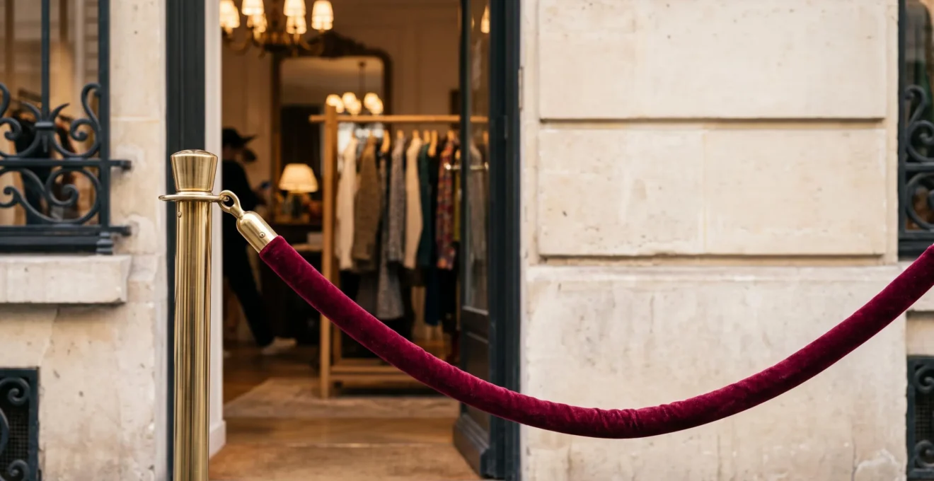 Cordon de velours entrouvert dévoilant un portant de vêtements dans une boutique parisienne feutrée, symbole de l'accès exclusif aux ventes privées
