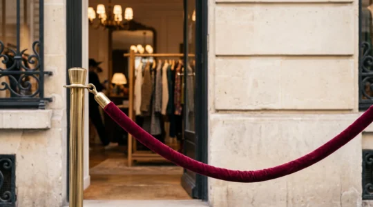 Cordon de velours entrouvert dévoilant un portant de vêtements dans une boutique parisienne feutrée, symbole de l'accès exclusif aux ventes privées