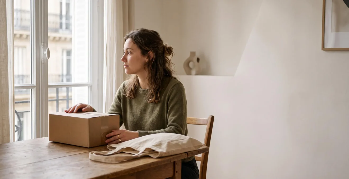 Une personne compare des articles identiques entre un sac de shopping traditionnel et un colis de livraison, symbolisant le choix entre achat en magasin et achat en ligne en France
