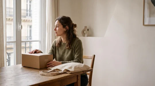 Une personne compare des articles identiques entre un sac de shopping traditionnel et un colis de livraison, symbolisant le choix entre achat en magasin et achat en ligne en France