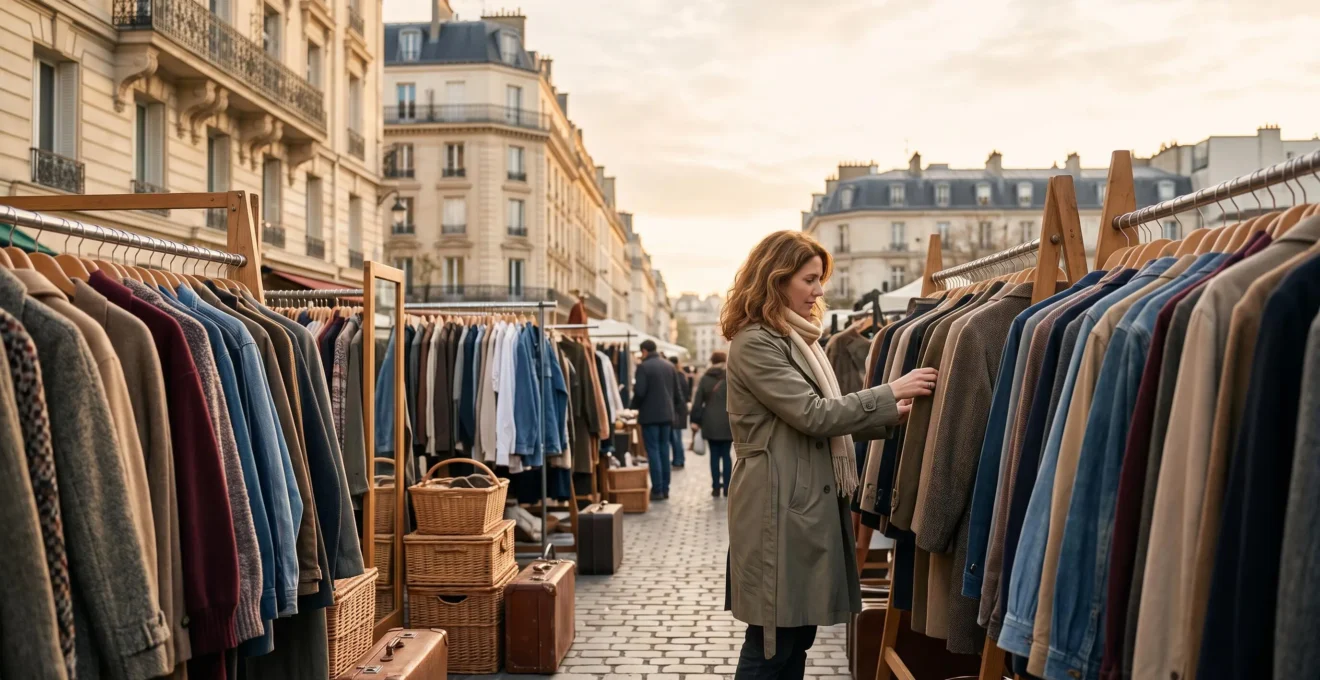 Portants de vêtements colorés dans un marché de vide-dressing en plein air à Paris, alternative aux boutiques classiques
