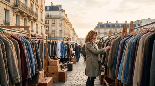 Portants de vêtements colorés dans un marché de vide-dressing en plein air à Paris, alternative aux boutiques classiques