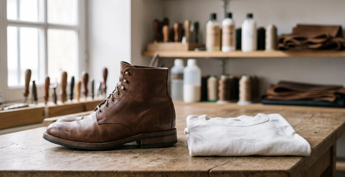 Une chaussure en cuir haut de gamme posée à côté d'un t-shirt basique plié, symbolisant le choix entre achat premium et low-cost