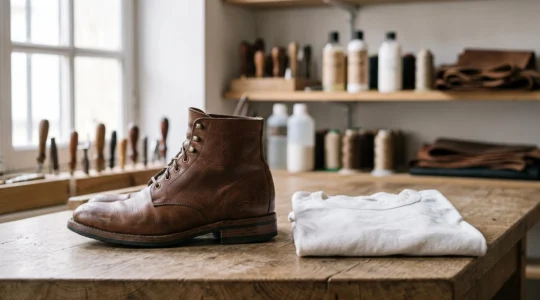 Une chaussure en cuir haut de gamme posée à côté d'un t-shirt basique plié, symbolisant le choix entre achat premium et low-cost