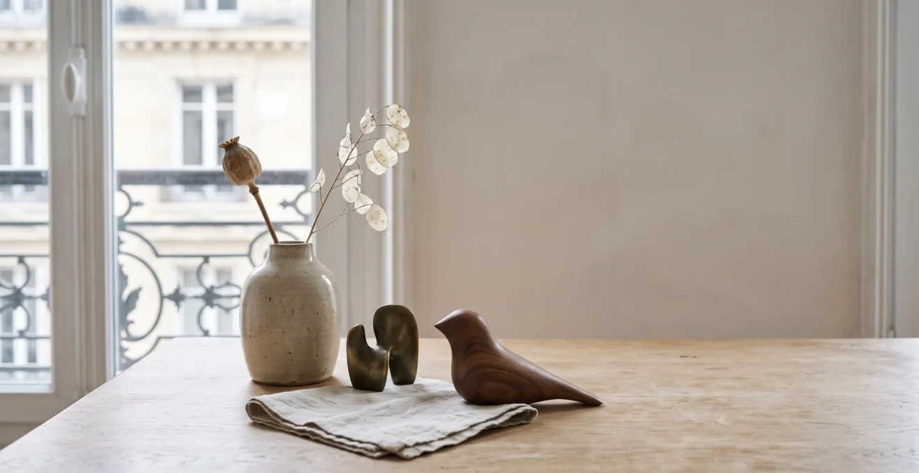 Composition élégante d'objets de décoration artisanale française mise en valeur par une lumière naturelle, illustrant le rapport originalité-prix