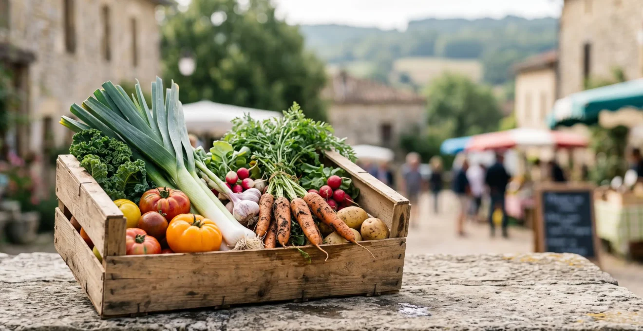 Une cagette en bois remplie de légumes de saison fraîchement récoltés, symbole du panier AMAP en France