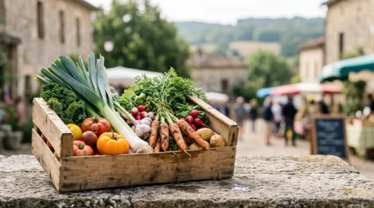 Une cagette en bois remplie de légumes de saison fraîchement récoltés, symbole du panier AMAP en France