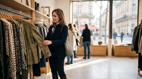 Cliente examinant avec attention un vêtement soldé sur un portant dans une boutique française baignée de lumière naturelle