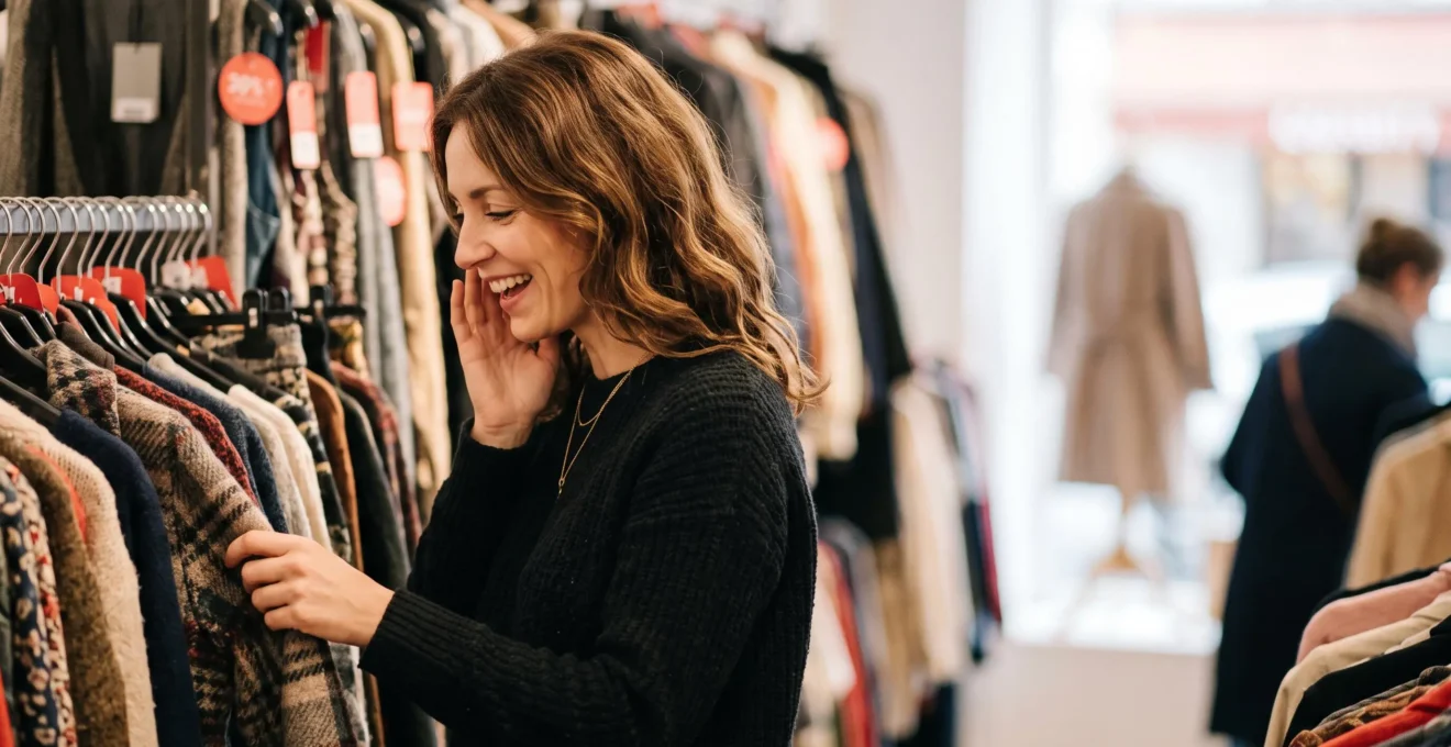 Une cliente souriante examine avec surprise un vêtement soldé sur un portant dans une boutique française en pleine liquidation
