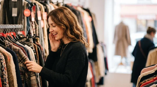 Une cliente souriante examine avec surprise un vêtement soldé sur un portant dans une boutique française en pleine liquidation