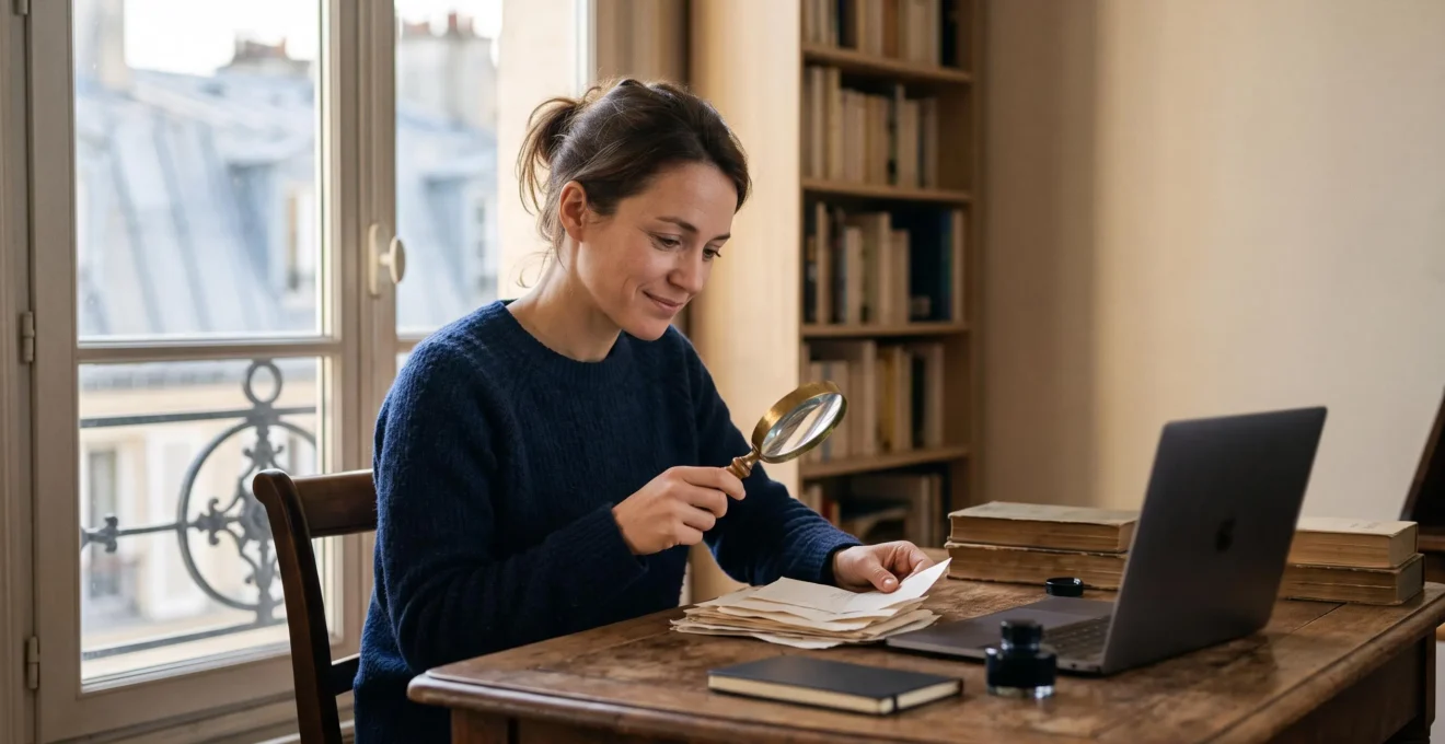 Une personne concentree recherchant des reductions cachees sur son ordinateur portable dans un interieur francais