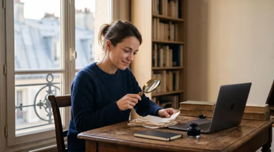 Une personne concentree recherchant des reductions cachees sur son ordinateur portable dans un interieur francais