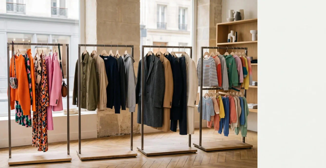 Portants de vêtements de styles différents représentant les enseignes de prêt-à-porter à comparer pour bien choisir en France