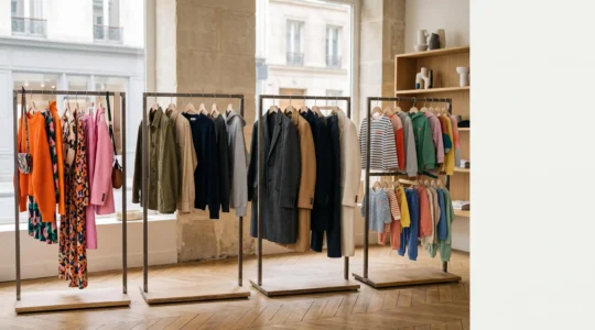Portants de vêtements de styles différents représentant les enseignes de prêt-à-porter à comparer pour bien choisir en France