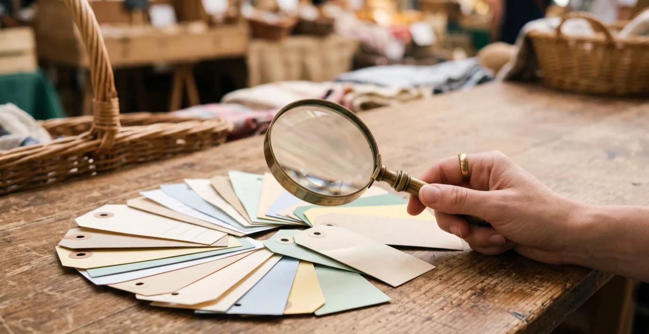 Une loupe posée sur un ensemble d'étiquettes de prix colorées disposées en éventail, symbolisant la comparaison rapide de plusieurs sites marchands