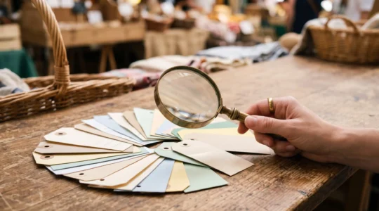 Une loupe posée sur un ensemble d'étiquettes de prix colorées disposées en éventail, symbolisant la comparaison rapide de plusieurs sites marchands