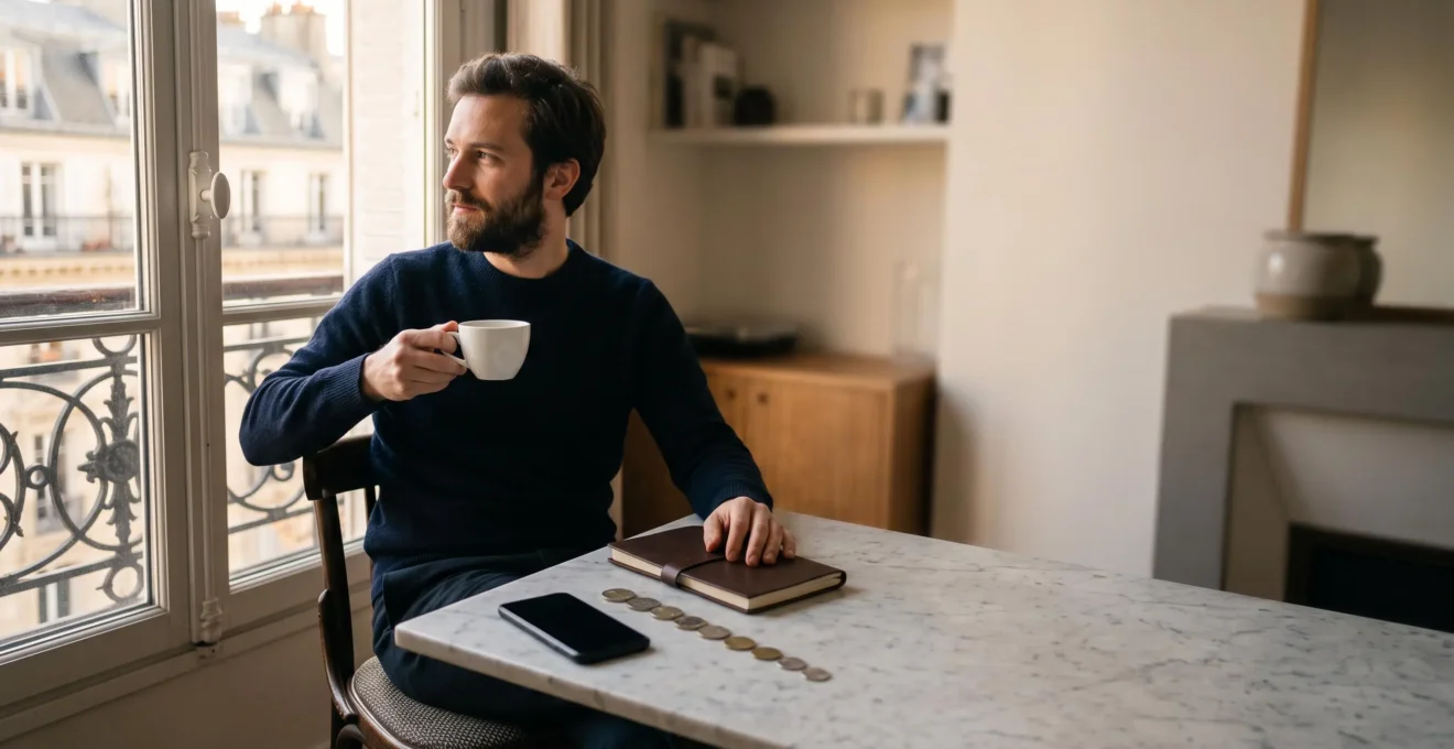 Une personne consultant calmement ses finances un dimanche soir dans un appartement parisien, symbolisant le contrôle des dépenses en 10 minutes par semaine