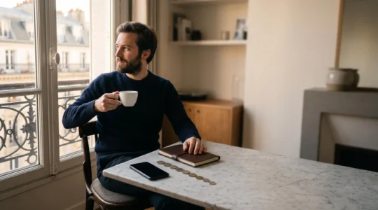 Une personne consultant calmement ses finances un dimanche soir dans un appartement parisien, symbolisant le contrôle des dépenses en 10 minutes par semaine