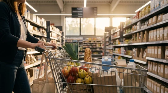 Personne poussant un chariot de courses dans une allée de supermarché français, symbolisant les économies réalisées grâce au cashback et aux tests produits