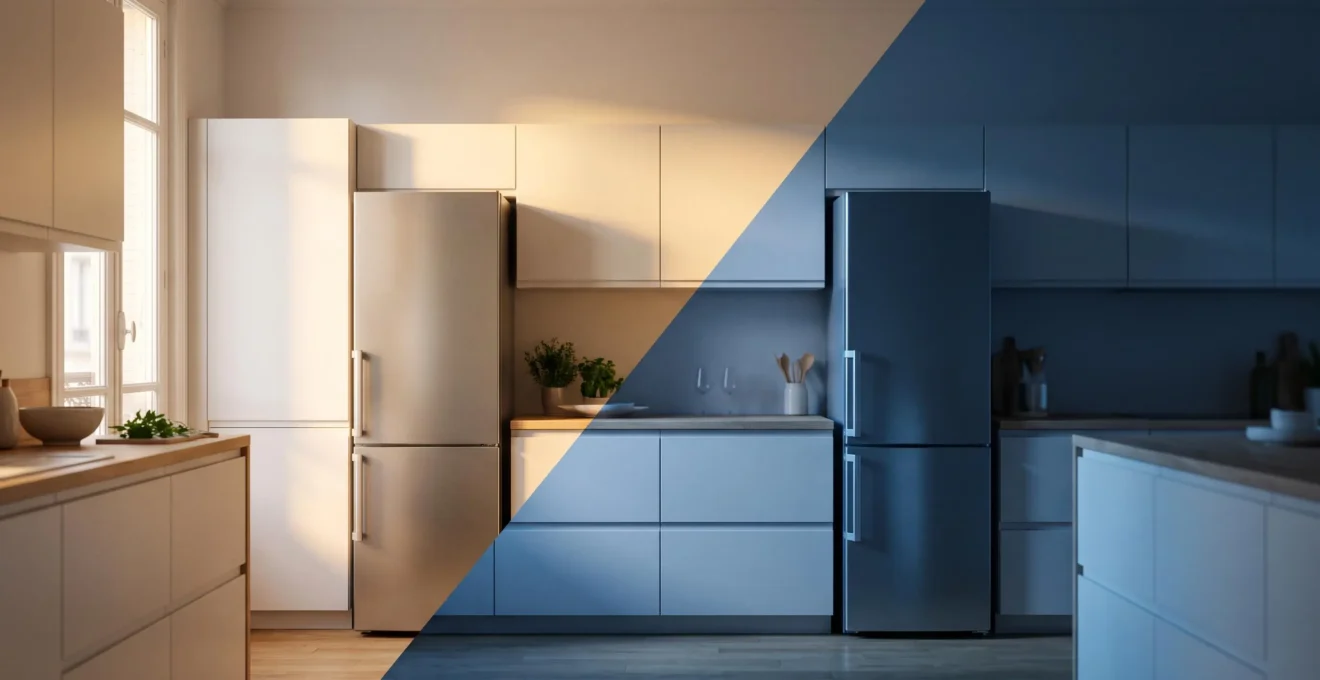 Cuisine française moderne baignée de deux ambiances lumineuses opposées symbolisant le cycle des promotions sur l'électroménager au fil des saisons