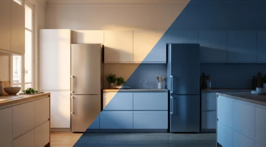 Cuisine française moderne baignée de deux ambiances lumineuses opposées symbolisant le cycle des promotions sur l'électroménager au fil des saisons