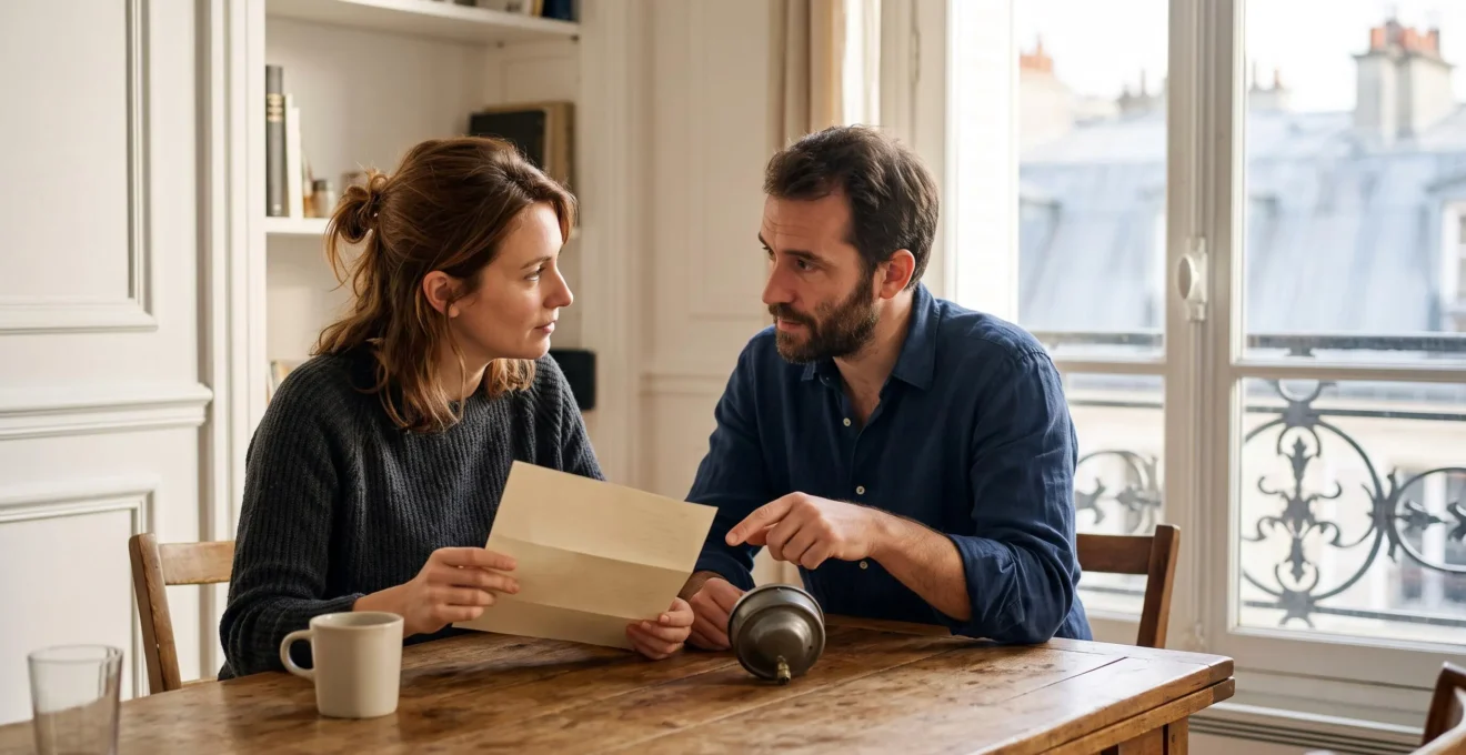 Un couple examine attentivement une facture d'énergie à la table de leur cuisine dans un appartement parisien, lumière naturelle du matin