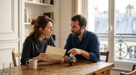 Un couple examine attentivement une facture d'énergie à la table de leur cuisine dans un appartement parisien, lumière naturelle du matin