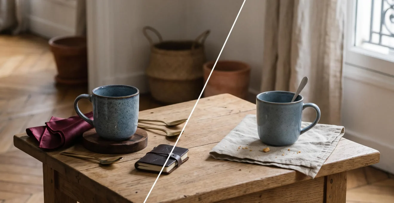 Comparaison visuelle entre un objet mis en scene de maniere sophistiquee et sa version simple et authentique, illustrant l'ecart entre une photo marketing et un produit reel
