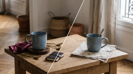 Comparaison visuelle entre un objet mis en scene de maniere sophistiquee et sa version simple et authentique, illustrant l'ecart entre une photo marketing et un produit reel