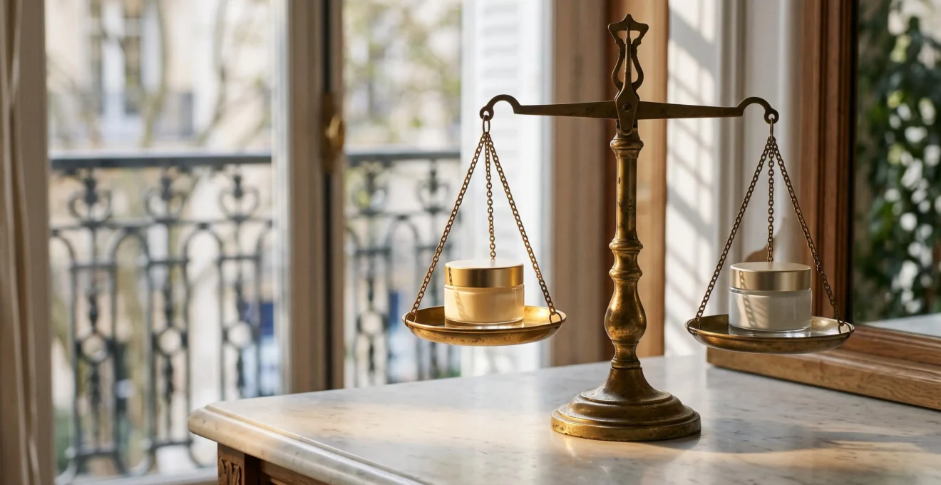 Deux flacons de soin cosmétique haut de gamme mis en balance symbolique, l'un dans une lumière chaude immédiate, l'autre dans une lumière plus douce et patiente, sur une coiffeuse en marbre à la française