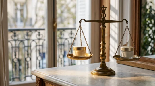 Deux flacons de soin cosmétique haut de gamme mis en balance symbolique, l'un dans une lumière chaude immédiate, l'autre dans une lumière plus douce et patiente, sur une coiffeuse en marbre à la française