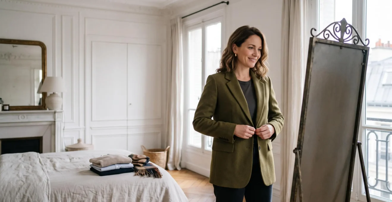 Jeune femme française essayant une veste devant un miroir dans un appartement lumineux, symbolisant le choix malin entre les enseignes de prêt-à-porter