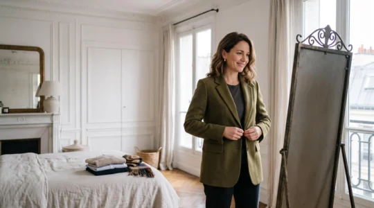 Jeune femme française essayant une veste devant un miroir dans un appartement lumineux, symbolisant le choix malin entre les enseignes de prêt-à-porter
