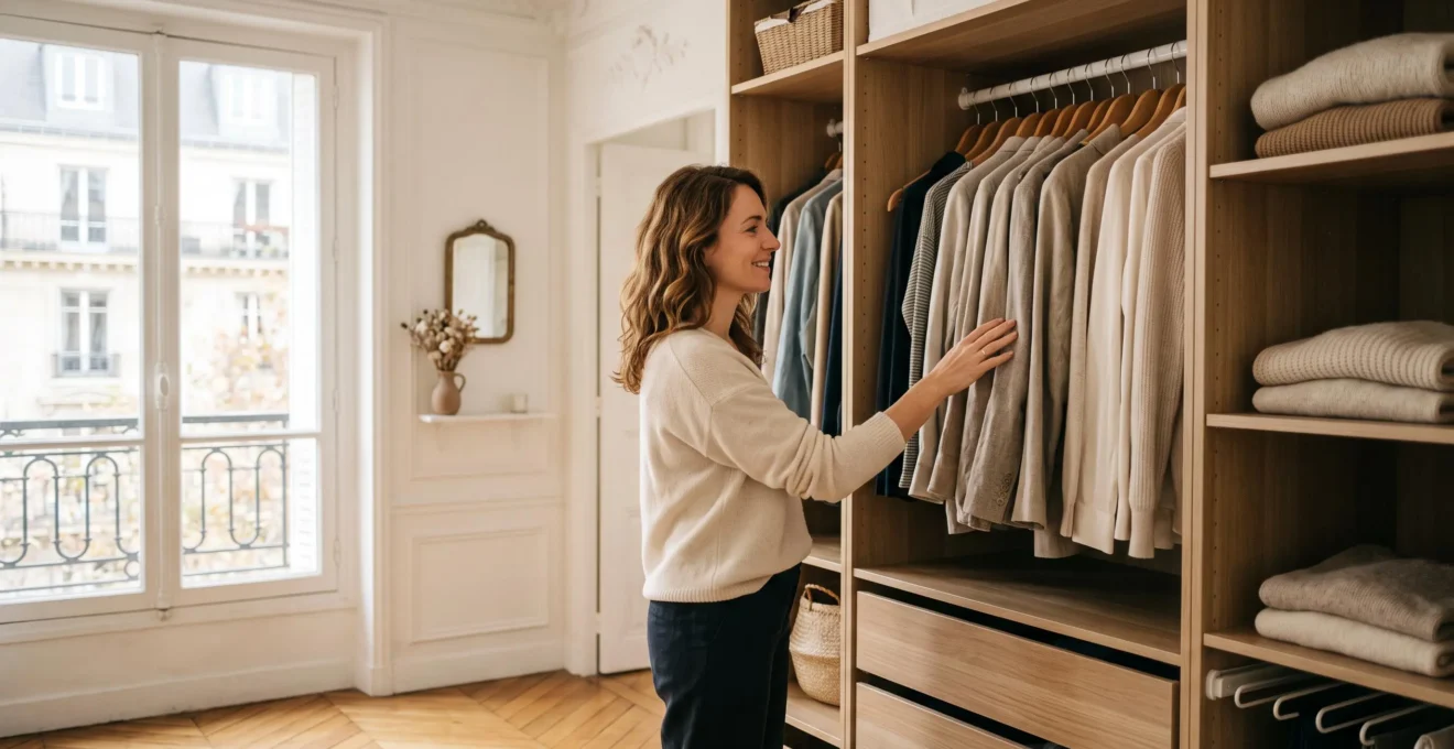 Femme souriante face à un dressing lumineux et parfaitement organisé dans un appartement parisien haussmannien