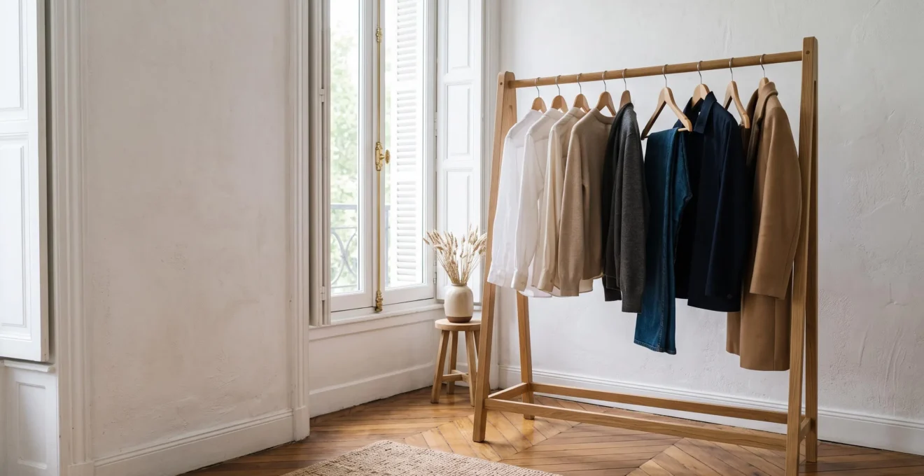 Une garde-robe capsule soigneusement organisee de vingt pieces polyvalentes dans un dressing lumineux et epure