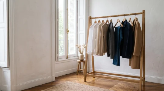 Une garde-robe capsule soigneusement organisee de vingt pieces polyvalentes dans un dressing lumineux et epure