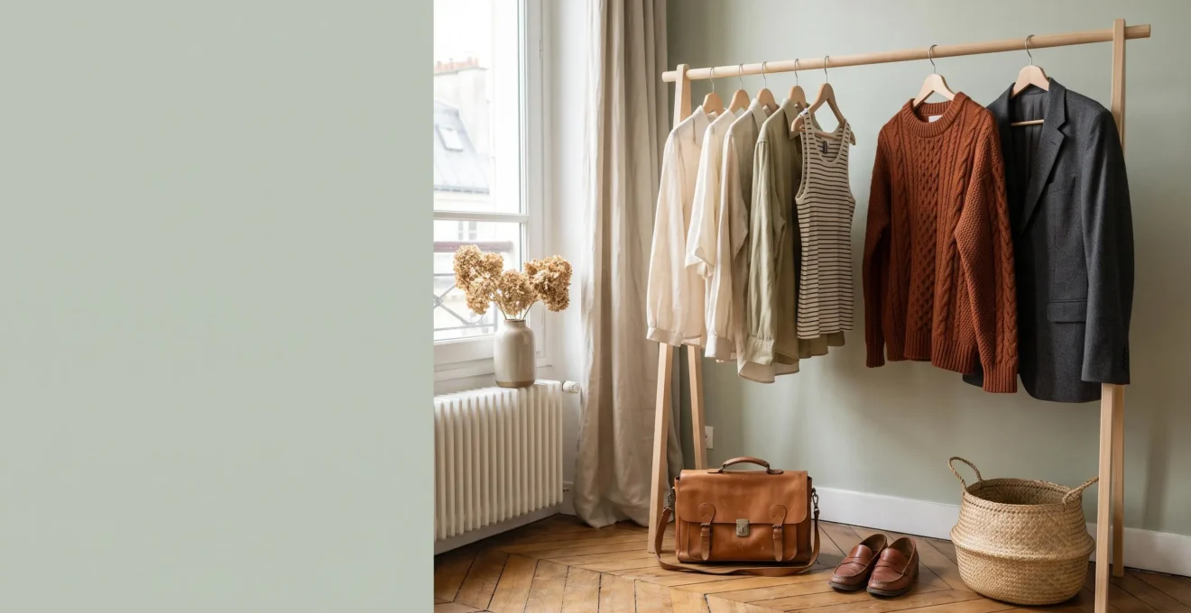 Une penderie élégante et épurée illustrant le renouvellement d'une garde-robe saisonnière avec un budget maîtrisé