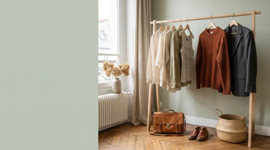 Une penderie élégante et épurée illustrant le renouvellement d'une garde-robe saisonnière avec un budget maîtrisé