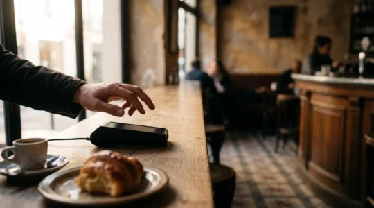 Une main hésite au-dessus d'un terminal de paiement dans un cadre urbain français, symbolisant la reprise de contrôle sur les dépenses impulsives