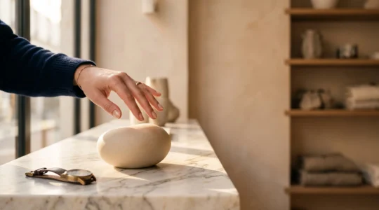 Main hesitante suspendue au-dessus d'un objet convoite, symbole de la patience avant un bon plan
