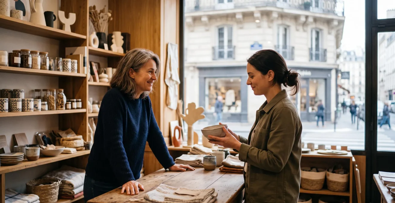 Client et vendeur echangeant un sourire complice au comptoir d'une boutique francaise au moment de conclure une vente