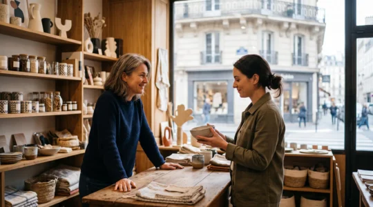 Client et vendeur echangeant un sourire complice au comptoir d'une boutique francaise au moment de conclure une vente