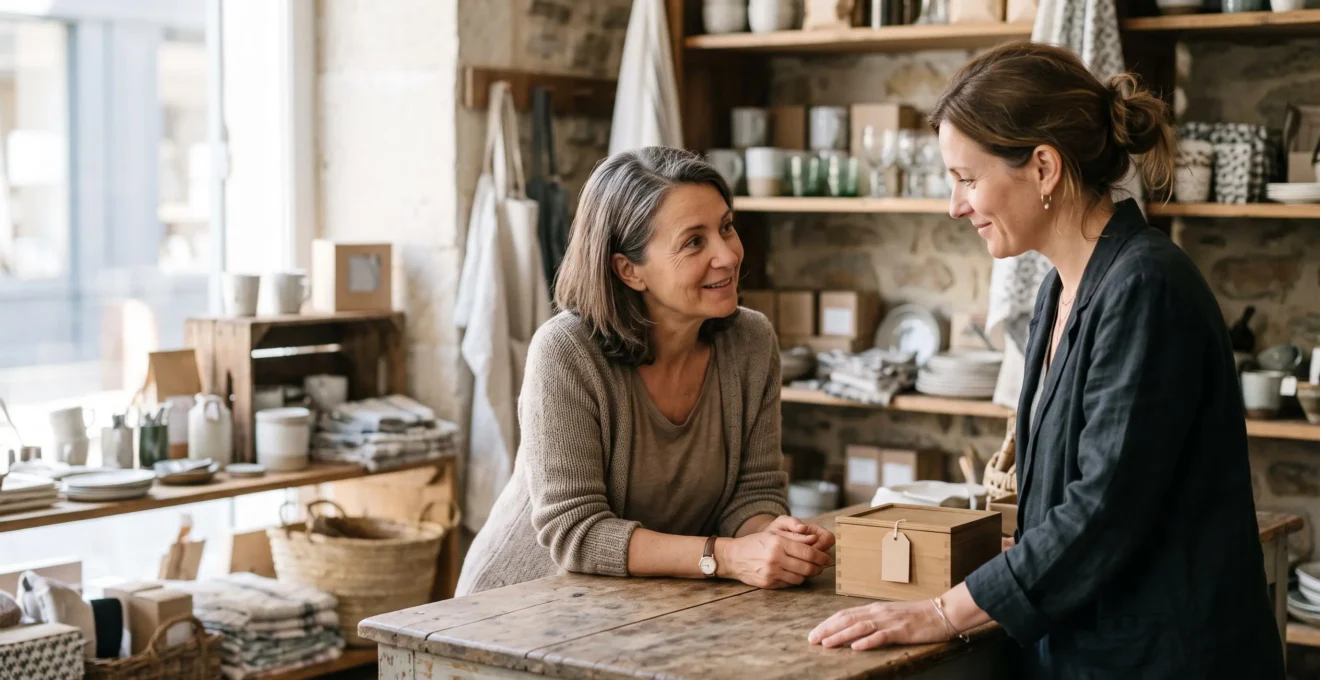 Client et vendeur échangeant dans une boutique française, moment de négociation silencieuse autour d'un prix