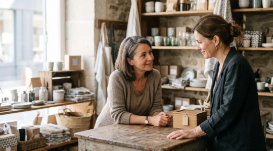Client et vendeur échangeant dans une boutique française, moment de négociation silencieuse autour d'un prix