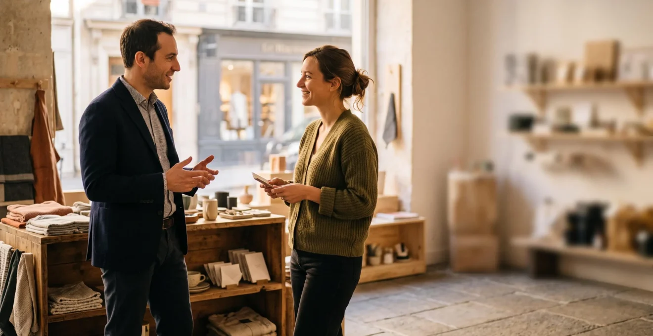 Client et vendeur en pleine discussion cordiale devant un article en promotion dans une boutique française