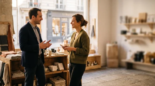 Client et vendeur en pleine discussion cordiale devant un article en promotion dans une boutique française