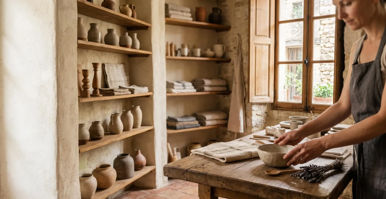 Interieur chaleureux d'un atelier-boutique francais presentant des objets de decoration artisanaux uniques faits a la main