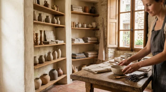 Interieur chaleureux d'un atelier-boutique francais presentant des objets de decoration artisanaux uniques faits a la main